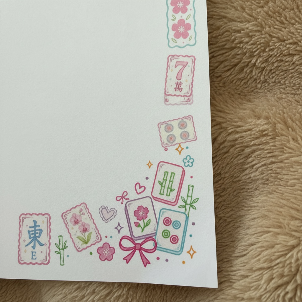 A close-up of a white sheet of paper printed with colorful mahjong-themed illustrations along the bottom and right edges, placed on a beige textured fabric surface.