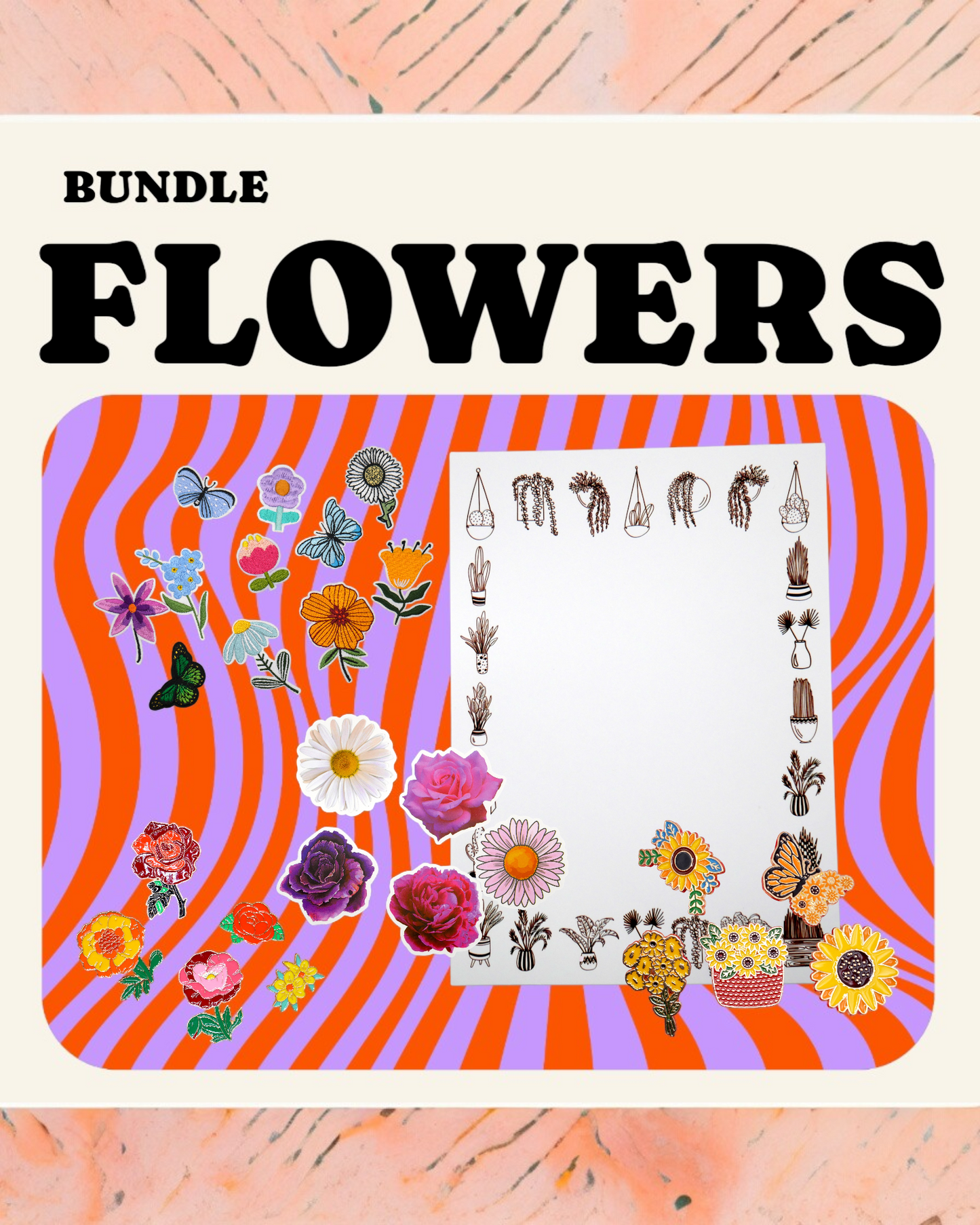 What’s inside the houseplant flower bundle:
🪴 1 Houseplant 5x7" notepad
🌸 1 Floral pin set of 3
🌻 1 Sunflower pin set of 3
🌿 1 Plant sticker set of 10
💐 1 Patch set of 3