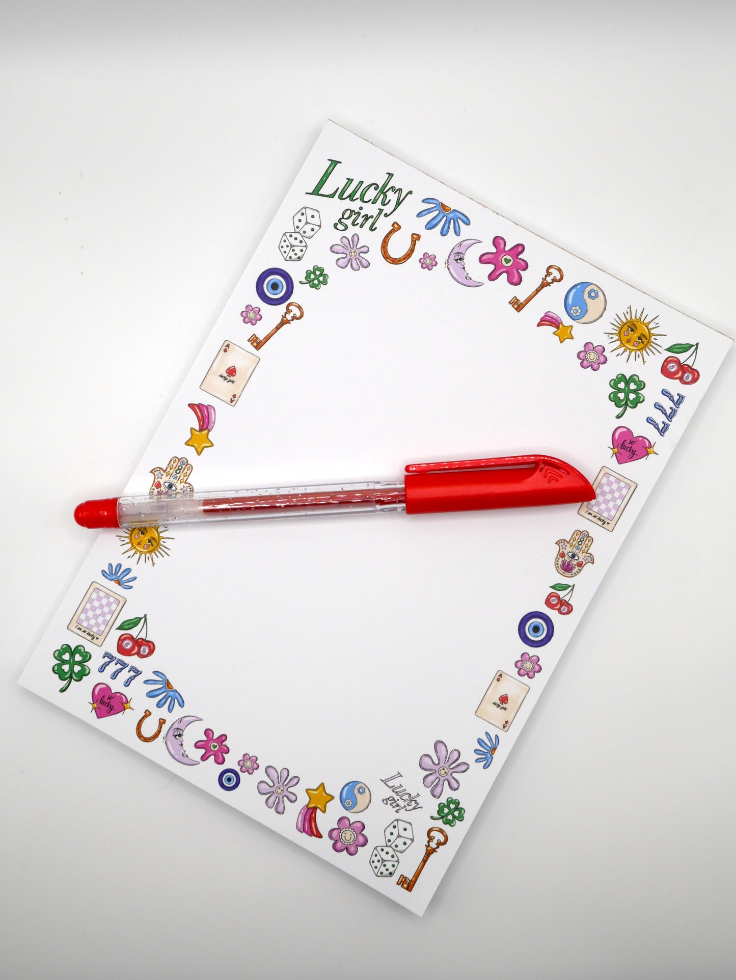 Manifest magic daily with our 5x7 Lucky Girl notepad. 50 thick sheets for your affirmations and to-dos. Good things are coming. Made in the USA.