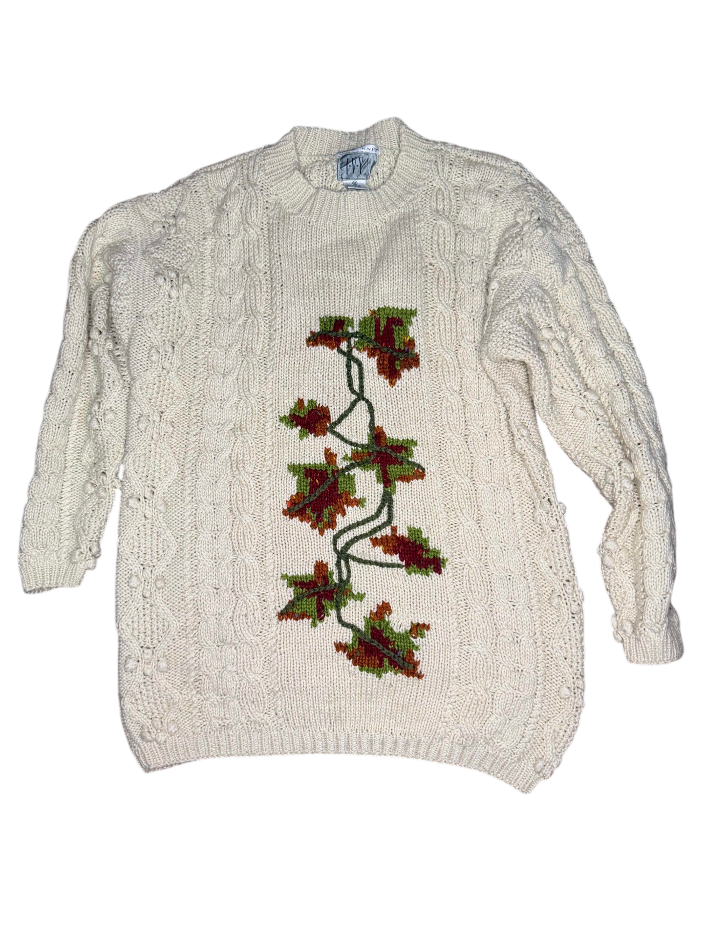 Hand knit white floral sweater vintage women's medium