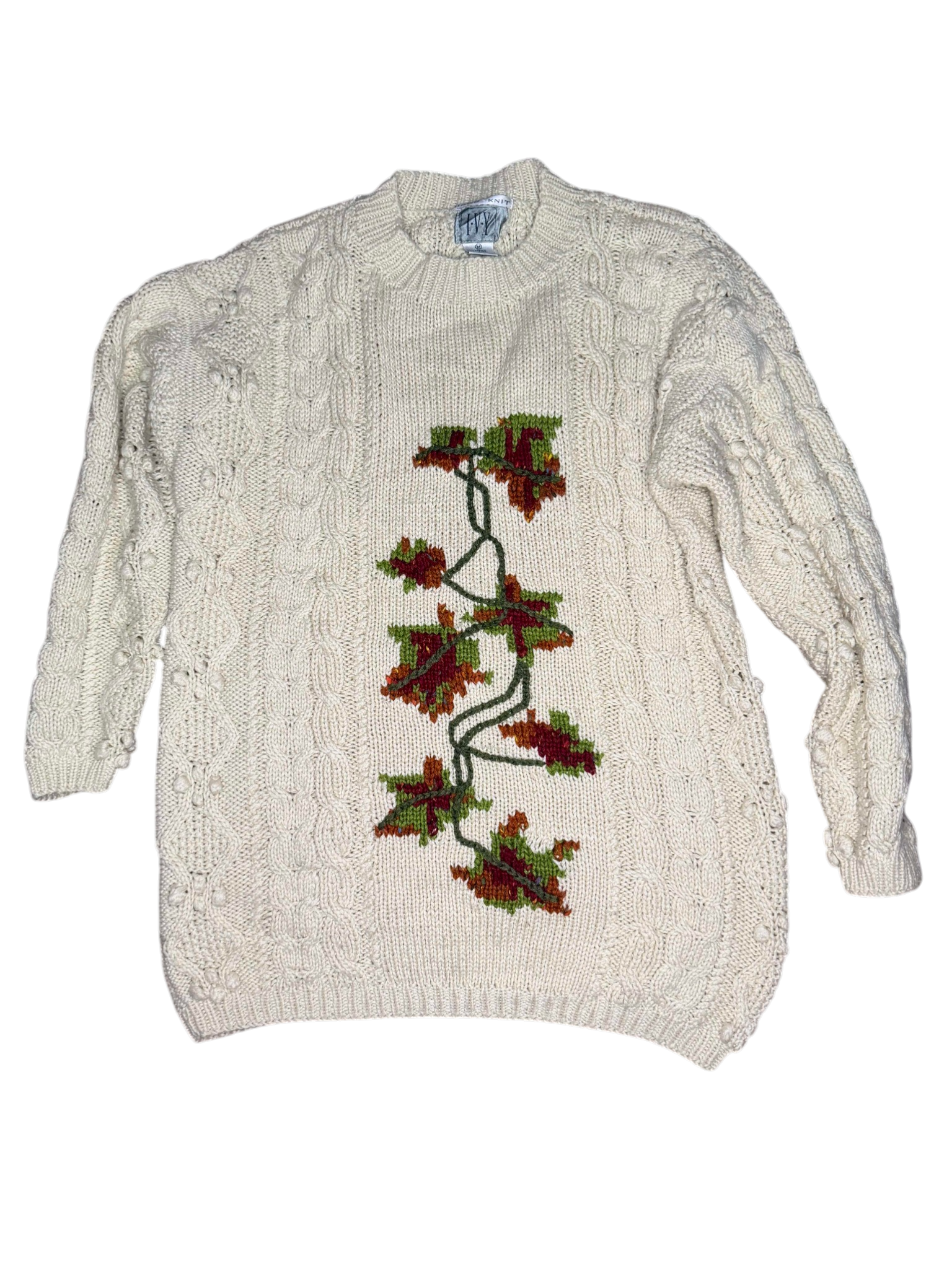 Hand knit white floral sweater vintage women's medium