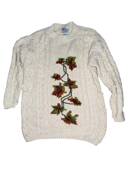 Hand knit white floral sweater vintage women's medium