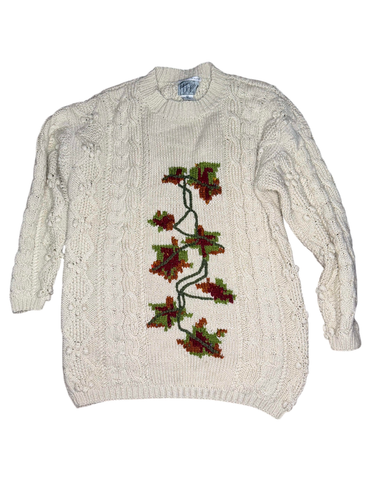 Hand knit white floral sweater vintage women's medium