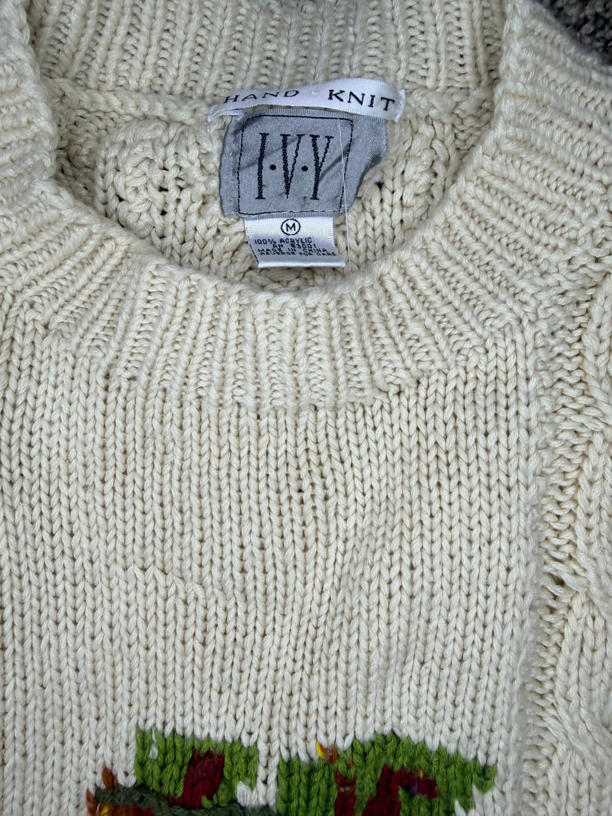 Hand knit white floral sweater vintage women's medium