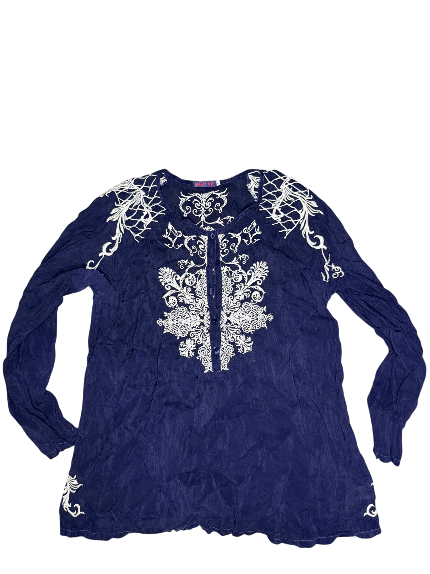 Johnny Was embroidered navy blouse women's size large