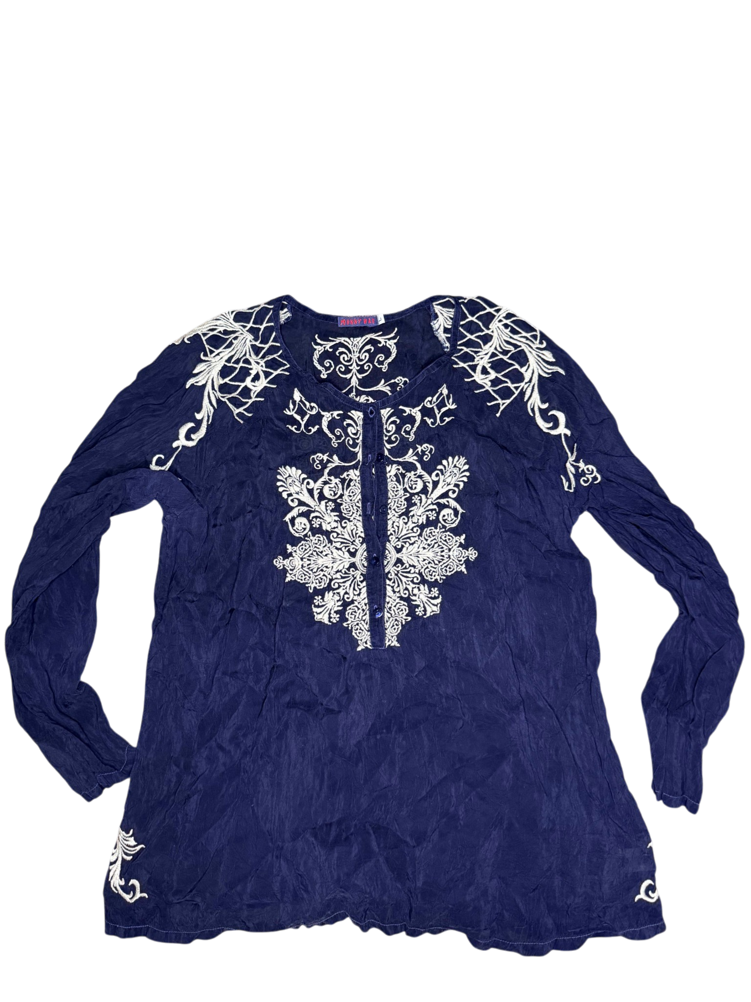 Johnny Was embroidered navy blouse women's size large