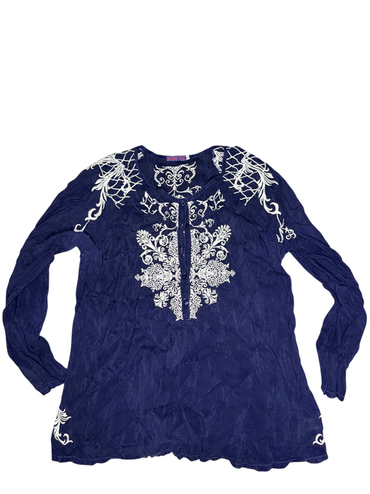 Johnny Was embroidered navy blouse women's size large