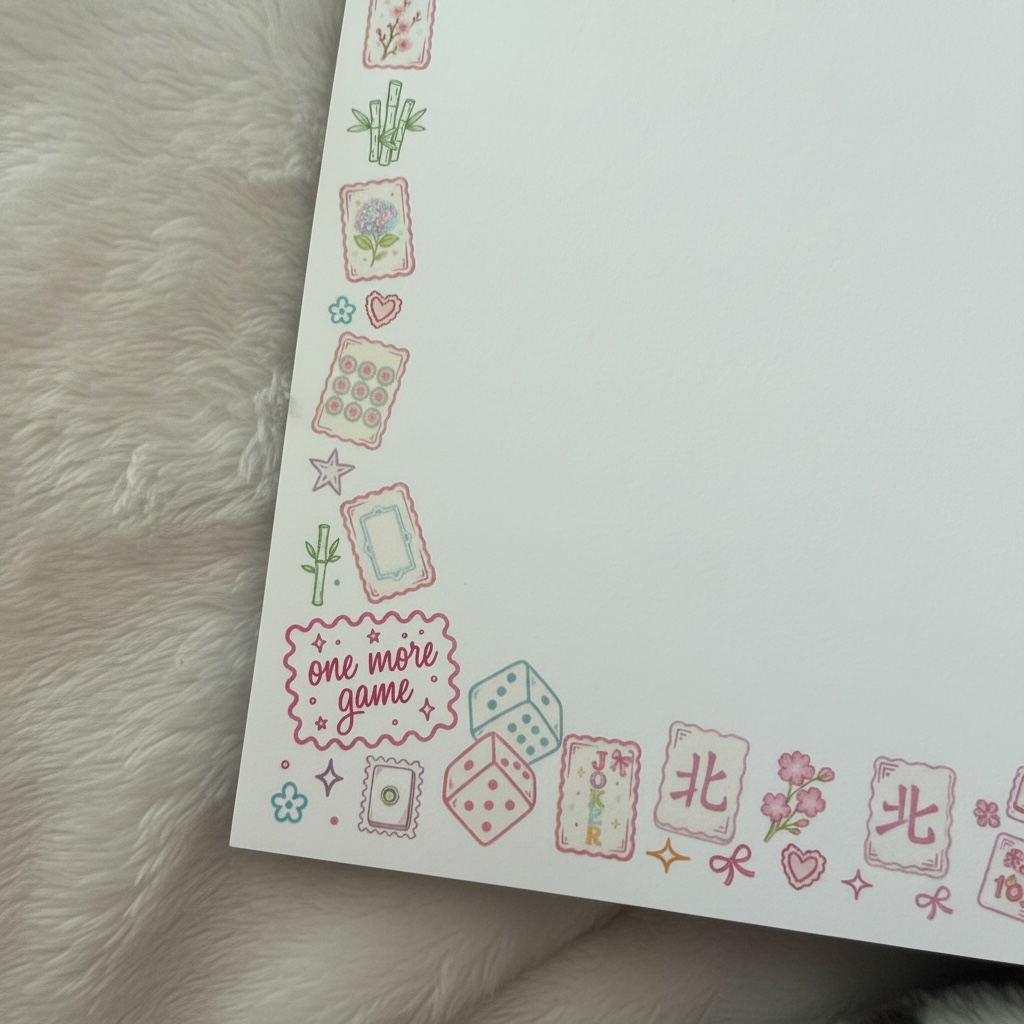 A white notepad with cute, hand-drawn Chinese mahjong-themed illustrations around the border, including tiles, dice, flowers, and the phrase 'one more game', laid on a soft white faux fur surface.