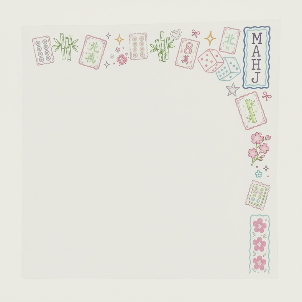 A square cream-colored paper notepad or planner pad with a decorative border in the top and right corners. The border features pastel pink, green, blue, and yellow illustrations of mahjong tiles, bamboo, dice, stars, flowers, and the letters 'MAHJ'.