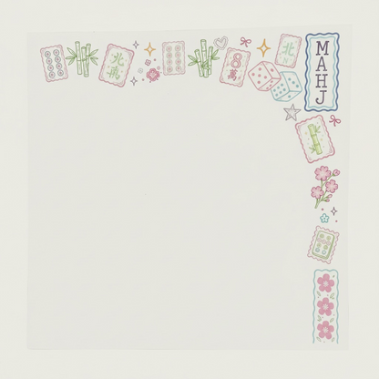 A square cream-colored paper notepad or planner pad with a decorative border in the top and right corners. The border features pastel pink, green, blue, and yellow illustrations of mahjong tiles, bamboo, dice, stars, flowers, and the letters 'MAHJ'.