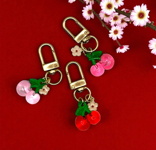 cherry print, cherry decor, cherry aesthetic, cherry art, cherry pattern, cherry lover, red cherries, cherry design, vintage cherries, sweet cherries, cherry illustration, cherry motif, cherry fashion, cherry accessories, cherry blossom, purse charm, key ring, key fob, zipper pull, backpack charm, cute keychain