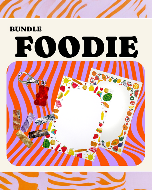 🥖 1 Picnic 5x7" notepad 
🍓 1 Fruit 5x7" notepad
🧸 1 gummy bear keychain or bag charm
🌀 1 marble bookmark set of 3

Foodie gift set bundle