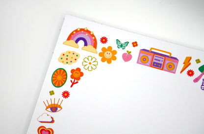 We took the best symbols of the 70s and 90s, such as flowers and peace signs, and turned them into this fun retro 5x7" notepad. Printed in the USA. 