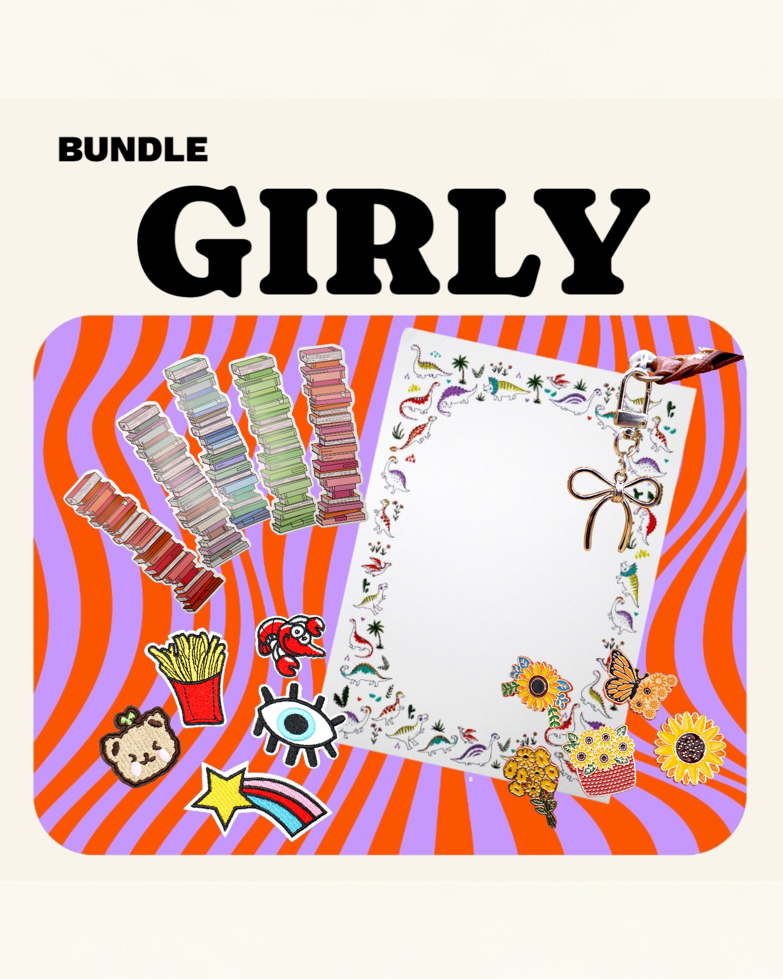 girly bundle why begin: A little sweet, a little silly, and a whole lot of fun—this bundle of 6 items is made for the ones who still love stickers, sparkle, and cutesy charm.

Here’s what’s inside:

🦕 1 Dinosaur notepad
🎀 1 Random bow keychain OR 1 Gummy bear star bag charm (leave preference in order notes if you have one)
🤠 1 Fun iron-on patch (set of 5)
📚 1 Bookstack bookmark (set of 3)
🌻 1 Sunflower pin (set of 3)

A $30 value packed with charm, ready to gift or keep all to yourself.