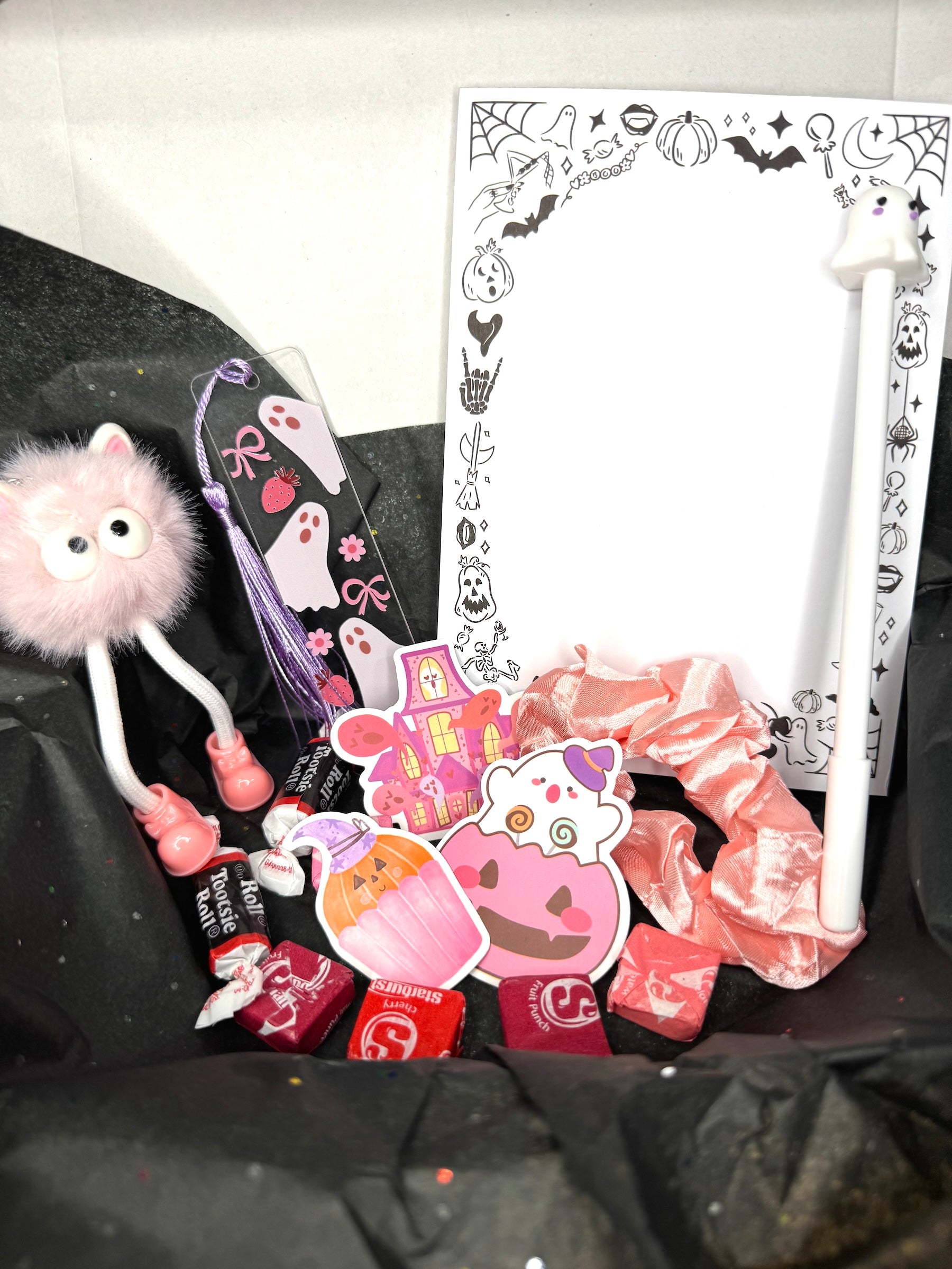 halloween boo basket gift box notepad bookmark pen scrunchie, keychain, candy