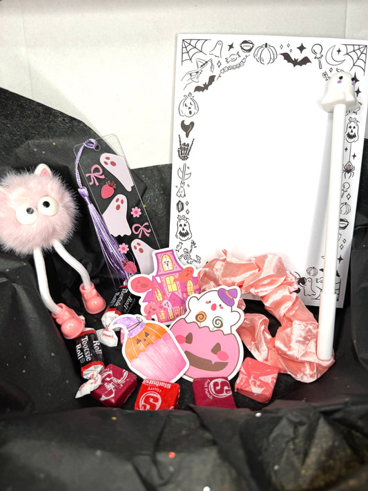 halloween boo basket gift box notepad bookmark pen scrunchie, keychain, candy