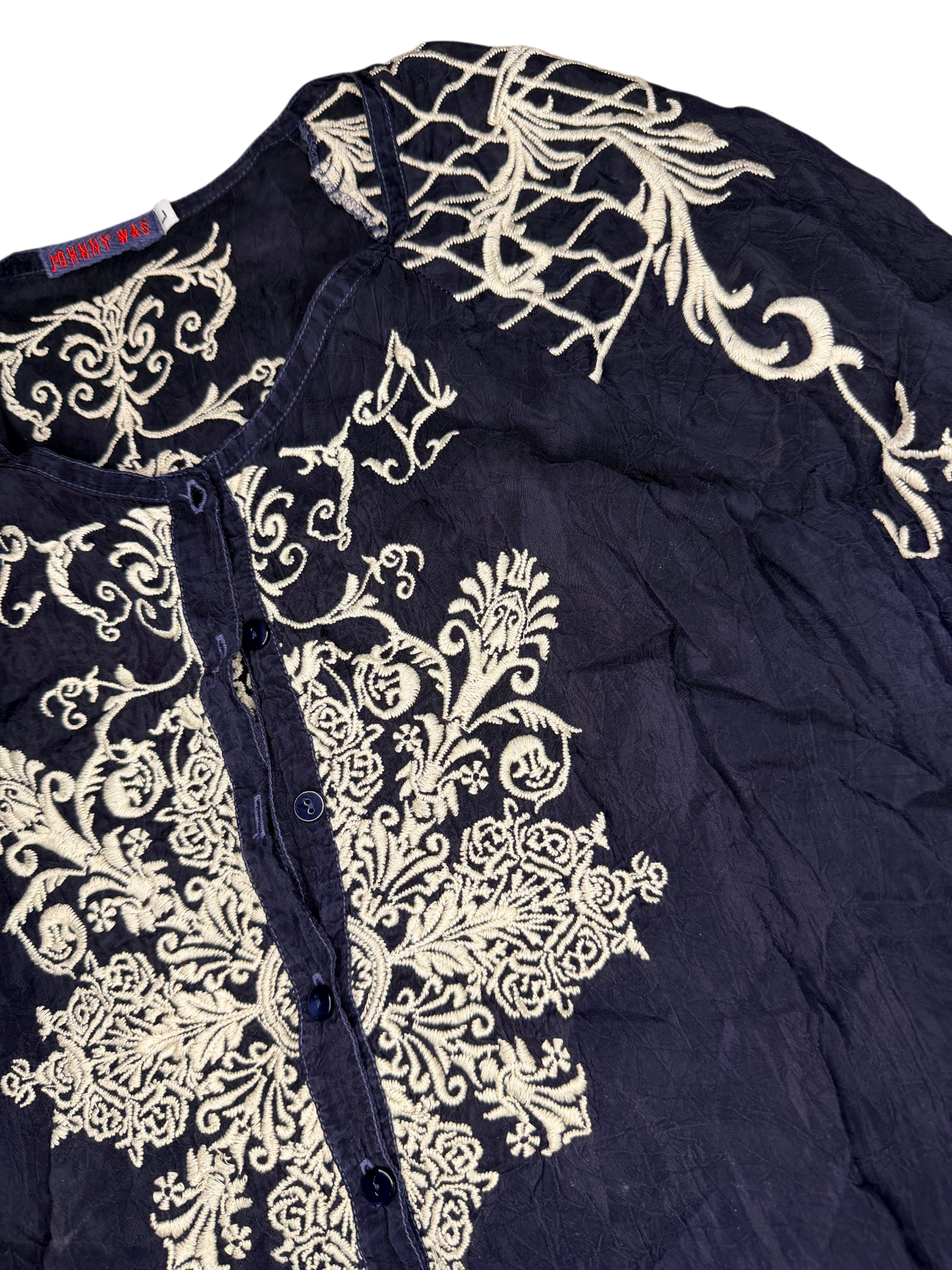 Johnny Was embroidered navy blouse women's size large