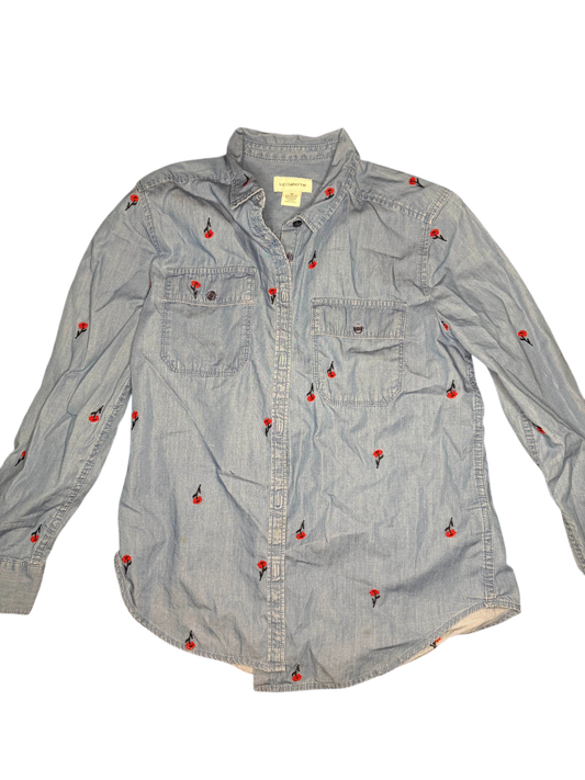 Liz Claiborne denim blue embroidered rose blouse vintage women's size medium