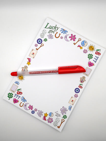 Manifest magic daily with our 5x7 Lucky Girl notepad. 50 thick sheets for your affirmations and to-dos. Good things are coming. Made in the USA.