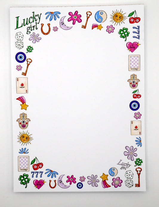 Manifest magic daily with our 5x7 Lucky Girl notepad. 50 thick sheets for your affirmations and to-dos. Good things are coming. Made in the USA.