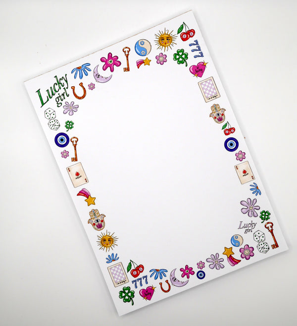Manifest magic daily with our 5x7 Lucky Girl notepad. 50 thick sheets for your affirmations and to-dos. Good things are coming. Made in the USA.