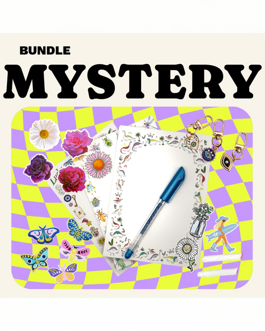 In this mystery bundle, you will receive:

1 notepad
1 iron-on patch OR 1 enamel pin set
1 bookmark set
1 sticker set
1 small bag charm/keychain