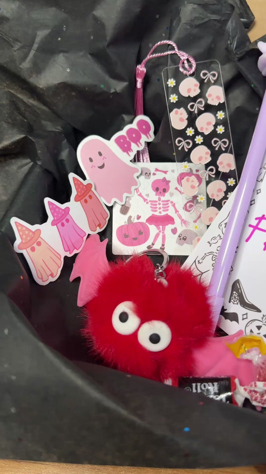 halloween boo basket gift box notepad bookmark pen scrunchie, keychain, candy