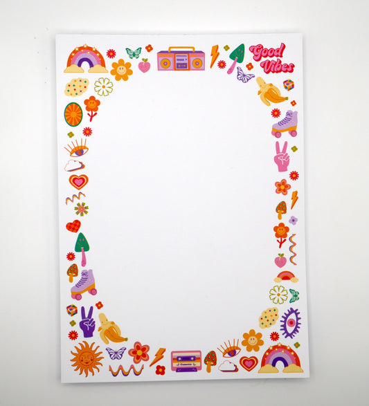 We took the best symbols of the 70s and 90s, such as flowers and peace signs, and turned them into this fun retro 5x7" notepad. Printed in the USA. 