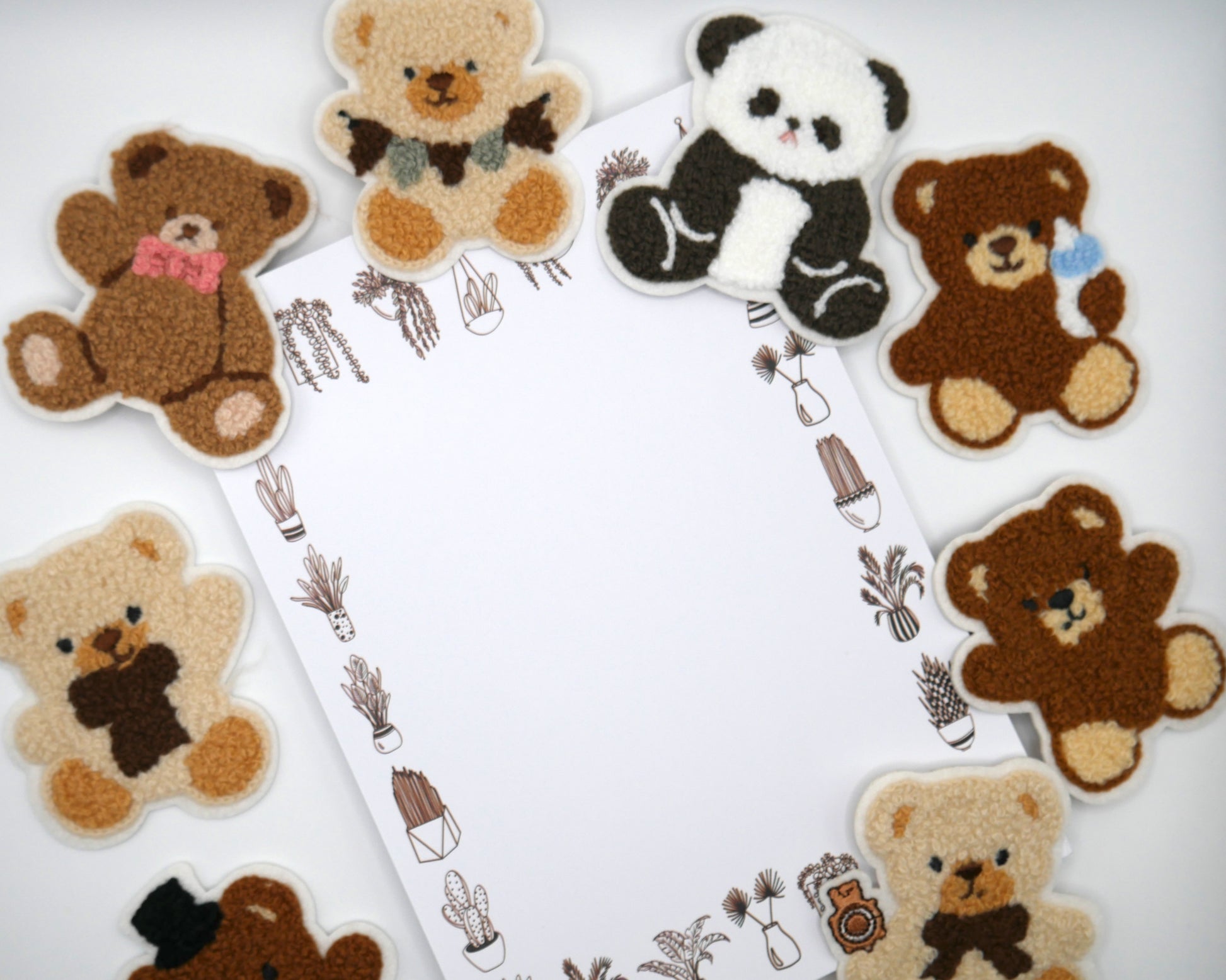 Teddy Bear Fuzzy Iron-On Embroidered Patch Pack (Set of 3) + houseplant notepad