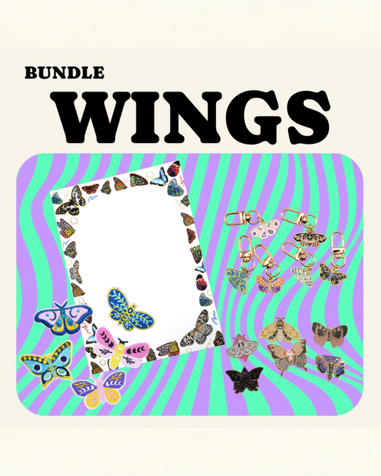 moth butterfly gift bundle

🦋 1 Butterfly notepad&nbsp;
🌙 1 Moth pin set&nbsp;
👜 1 Moth keychain or bag charm
🪡 1 Moth patch set to sew or iron onto whatever needs a bit of flair A $37 value bundled into one dreamy, nature-inspired set.

The designs pictured are a representative sample; the designs you receive may vary and may not be shown here. 